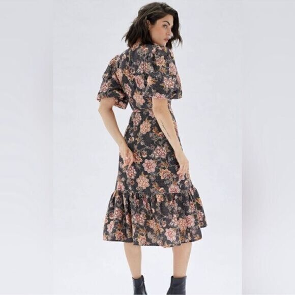 Minkpink Meyhda‎ Floral Puffer Sleeves Wraparound Boho Midi Dress Size Small NWT - Picture 2 of 16